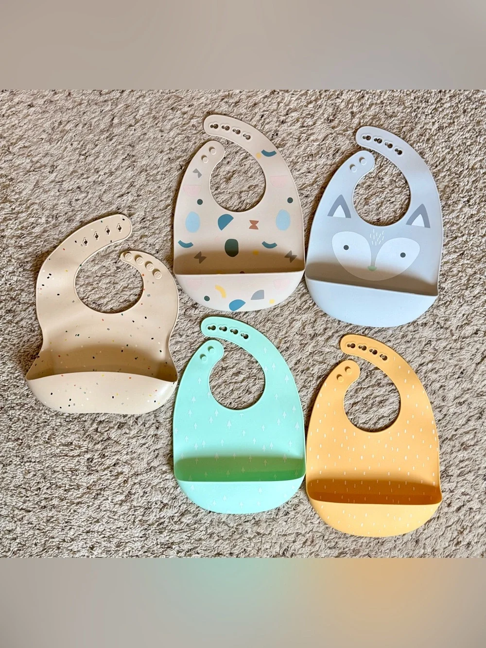 Silicone Baby Bibs Set - Mint, Yellow, Beige, Light Gray, Patterned